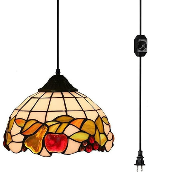Kiven 15ft UL Plug-in Cord Colorful Fruit Glass Shade Pendant Lighting Handmade Light Fixtures Antique Decor with On/Off Dimmer Switch,Bulb Not Included
