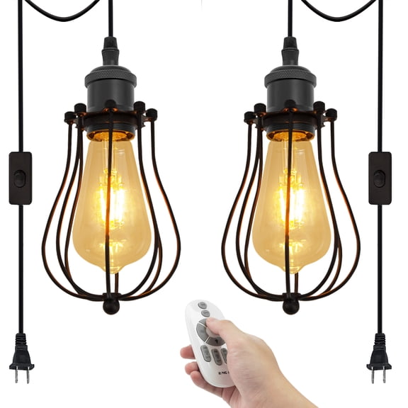 Kiven 2-Light Plug in Pendant Light,Industrial Hanging Light with 15FT Cord, Remote Control, Dimmable Ceiling Pendant Light, E26 Socket, Matte Black Finish