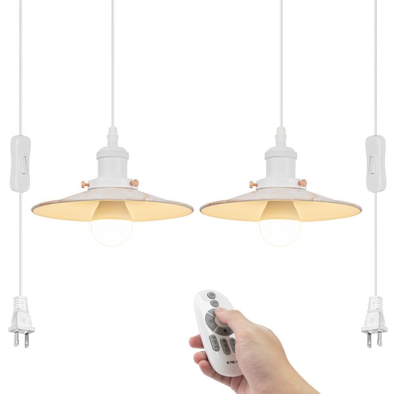Kiven 2-Light Plug in Pendant Light,Industrial Hanging Light with 15FT Cord, Remote Control, Dimmable Ceiling Pendant Light White Finish (marble pattern)