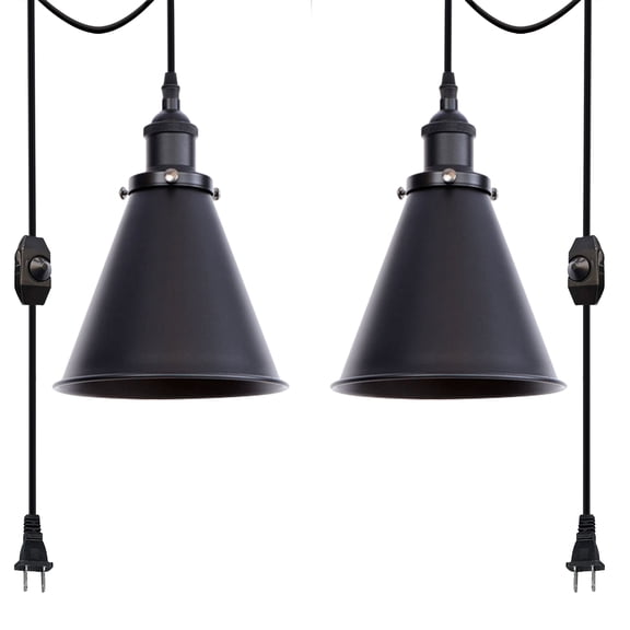 Kiven 2-Light Plug in Pendant Light,Industrial Hanging Light with 15FT Cord, Dimmable Ceiling Pendant Light, E26 Socket, Black Finish
