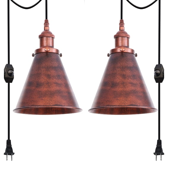 Kiven 2-Light Plug in Pendant Light,Industrial Hanging Light with 15FT Cord, Dimmable Ceiling Pendant Light, E26 Socket, Rusty Red Finish