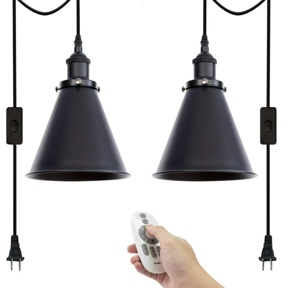 Kiven 2-Light Plug in Pendant Light,Industrial Hanging Light with 15FT Cord, Remote Control, Dimmable Ceiling Pendant Light, E26 Socket,Black Finish