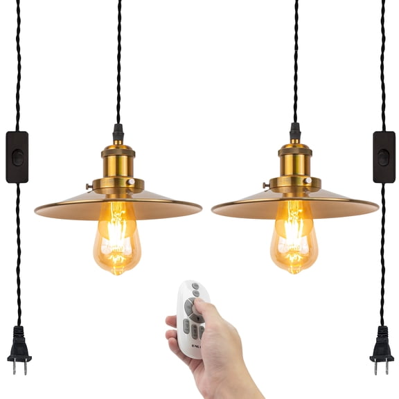 Kiven 2-Light Plug in Pendant Light,Industrial Hanging Light with 15FT Cord, Remote Control, Timer,Dimmable Ceiling Pendant Light Brass Finish