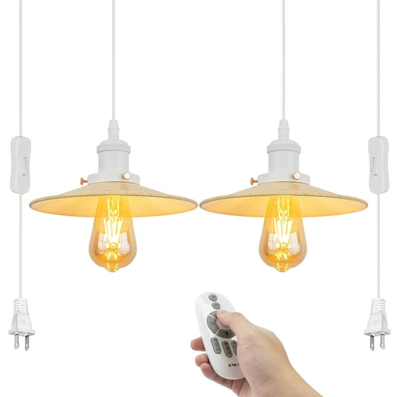 Kiven 2-Light Plug in Pendant Light,Industrial Hanging Light with 15FT Cord, Remote Control, Timer,Dimmable Ceiling Pendant Light Yellow Finish