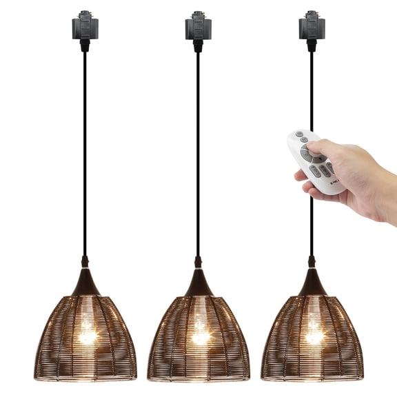 Kiven 3-Light H-Type track lighting pendants,Modern h track pendant lights with Remote Control Dimmer,Decorative Track Lighting Fixture,Brown Aluminum Lampshade