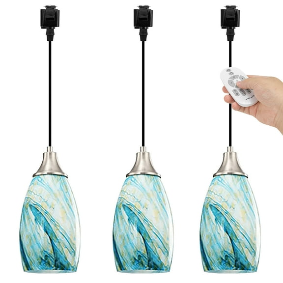 Kiven 3-Light J-Type track lighting pendants Dimmable,Modern J track pendant lights with Lake Blue Art Glass Lampsade,Decorative Track Lighting Fixture for Kitchen Island Hallway Restaurant