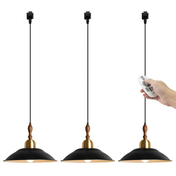 Kiven 3-Light J-Type track lighting pendants,Modern J track pendant lights with Remote Control Dimmer,Decorative Track Lighting Fixture,Black Iron Lampshade