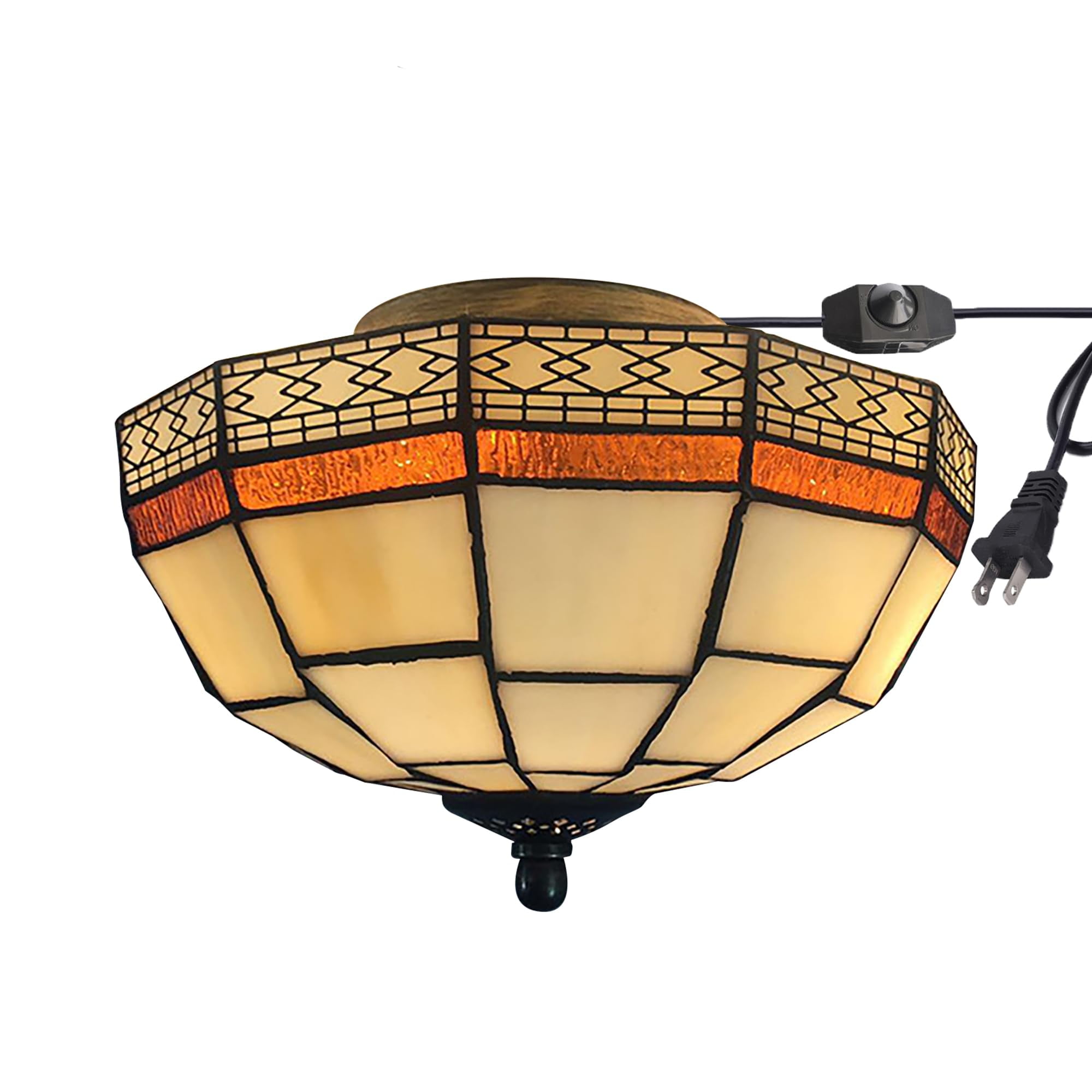 Kiven 9.84in Flush Mount Ceiling Light Fixture Dimmable, 2-Light Anti Glare Close to Ceiling Light with 15FT Plug-in Cord, Tiffany-Style Glass Chandelier for Bedroom Kitchen Hallway(No.3229)