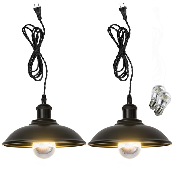 Kiven Anti Glare Pendant Light Plug in, Industrial Hanging Light Fixture with 15FT Twisted Cord, E26 Socket Pendant Light for Bedside Hallway Kitchen,Black(2 Pack)