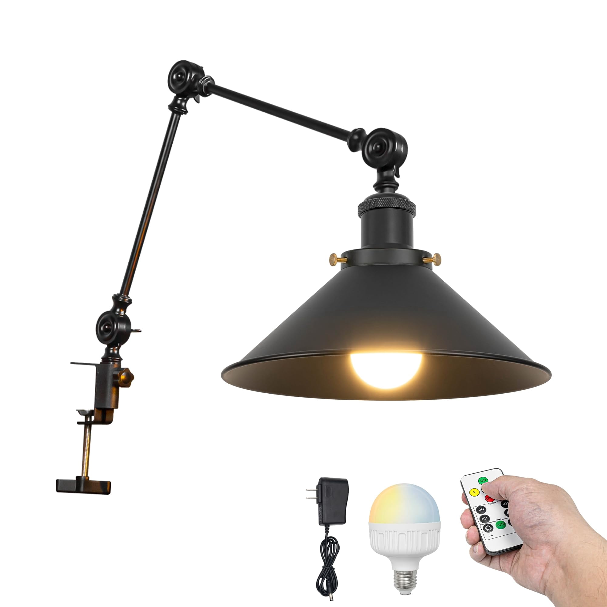 Kiven Battery Operated Clip-on Desk Lamp, 1-Light Dimmable Clip On Light with Flexible Arm,Remote Control, Modern Decorative Clamp Lamp for Bookshelf Cabinet,Black DZ0001