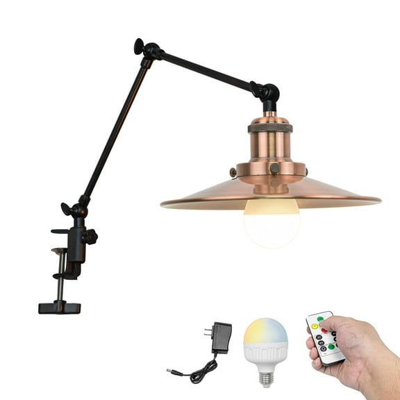 Kiven Battery Operated Clip-on Desk Lamp, 1-Light Dimmable Nightstand Lamp with Flexible Arm,Remote Control, Farmhouse Decorative Clamp Lamp for Home Decor Bookshelf Bedside,Copper Red Finish