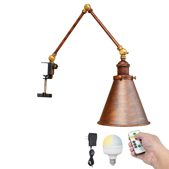 Kiven Battery Operated Clip-on Desk Lamp, 1-Light Dimmable Nightstand Lamp with Flexible Arm,Remote Control, Modern Decorative Clamp Lamps for Bookshelf Office Bedside,Rusty Red Finish