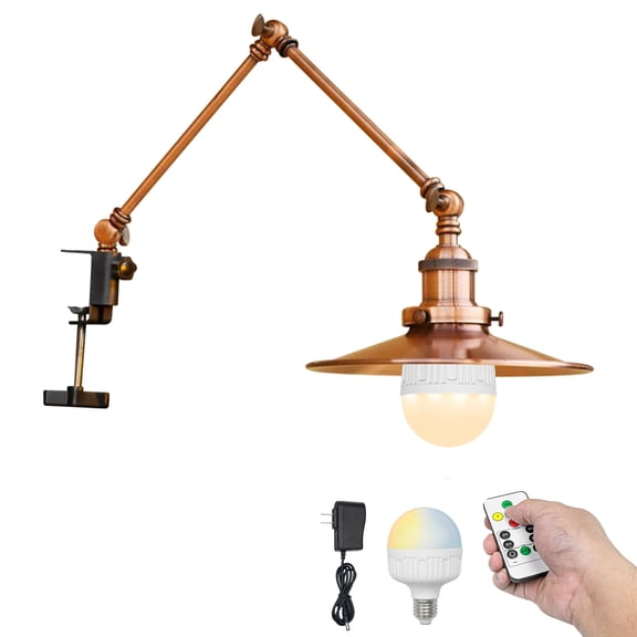 Kiven Battery Operated Clip-on Desk Lamp, 1-Light Dimmable Nightstand Lamp with Flexible Arm,Remote Control, Modern Decorative Clamp Lamps for Office Bedside Bookshelf,Copper Red Finish,BD2776