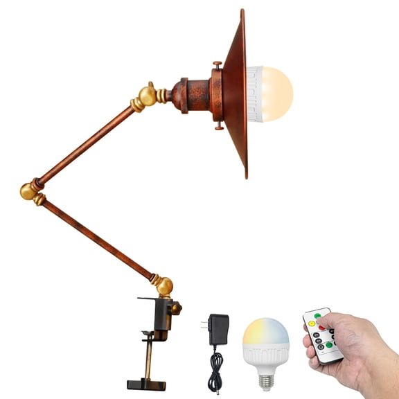 Kiven Battery Operated Clip-on Desk Lamp, 1-Light Dimmable Nightstand Lamp with Flexible Arm,Remote Control, Modern Decorative Clamp Lamps for Office Bedside Bookshelf,Rusty Red Finish,BD2777