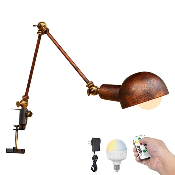 Kiven Battery Operated Clip-on Desk Lamp, 1-Light Dimmable Nightstand Lamp with Flexible Arm,Remote Control, Modern Decorative Clamp Lamps for Office Bedside Bookshelf,Rusty Red Finish,BD2781