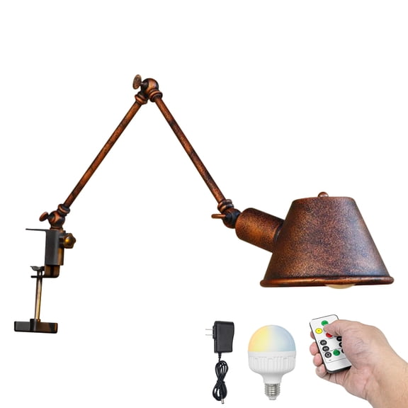 Kiven Battery Operated Clip-on Desk Lamp, 1-Light Dimmable Nightstand Lamp with Flexible Arm,Remote Control, Modern Decorative Clamp Lamps for Office Bedside Bookshelf,Rusty Red Finish,BD2782