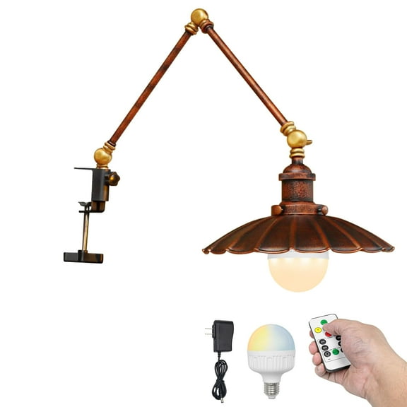 Kiven Battery Operated Clip-on Desk Lamp, 1-Light Dimmable Nightstand Lamp with Flexible Arm,Remote Control, Vintage Decorative Clamp Lamps for Office Bedside Bookshelf,Rusty Red Finish