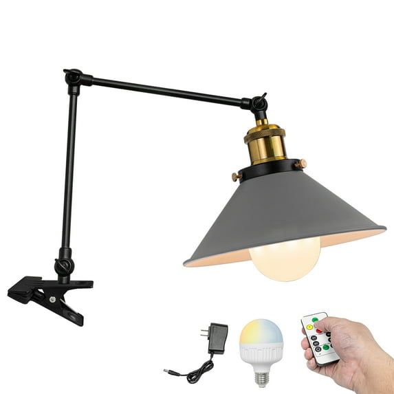 Kiven Battery Operated Clip-on Desk Lamp, 1-Light Dimmable Nightstand Lamp with Flexible Arm,Remote Control, Modern Decorative Clamp Lamp,Gray Finish