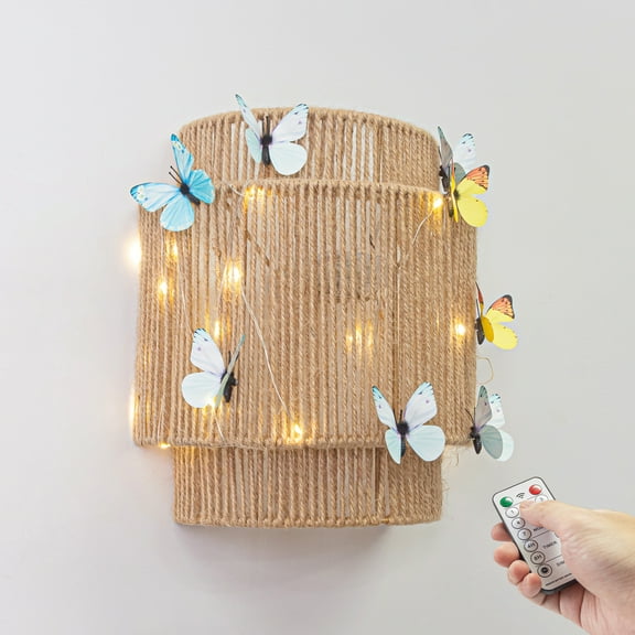 Kiven Battery Operated Farmhouse Wall Sconces with Remote Control,Battery Hemp Rope Wall Sconces,1-Light Dimmable Wall Lighting for Living Room Bedside butterfly decor