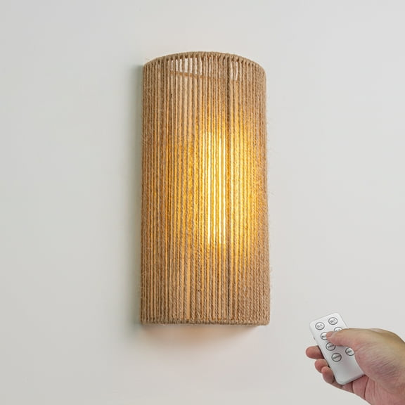 Kiven Battery Operated Farmhouse Wall Sconces with Remote Control,Rechargeable Hemp Rope Wall Sconces,1-Light Dimmable Wall Decor