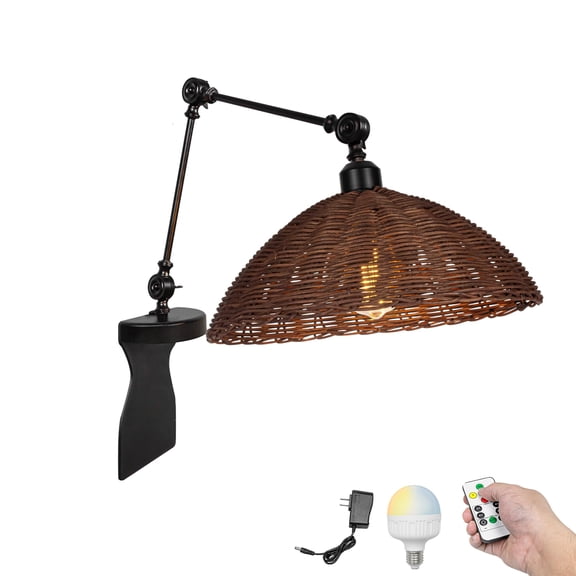 Kiven Battery Operated Headboard Reading Light, Dimmable No Drilling Reading Lamp, Farmhouse Rattan Nightstand Lamp with Adjustable Swing Arm,Remote for Reading Bedside Side Table Desk DZ0496