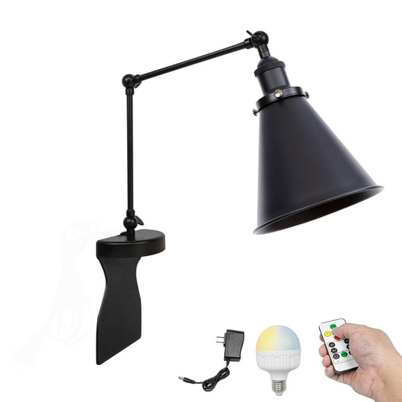 Kiven Battery Operated Headboard Reading Light, Dimmable LED Book Reading Lamp, Industrial Nightstand Lamp with Adjustable Swing Arm,Remote for Reading Bedside Side Table Desk, Black
