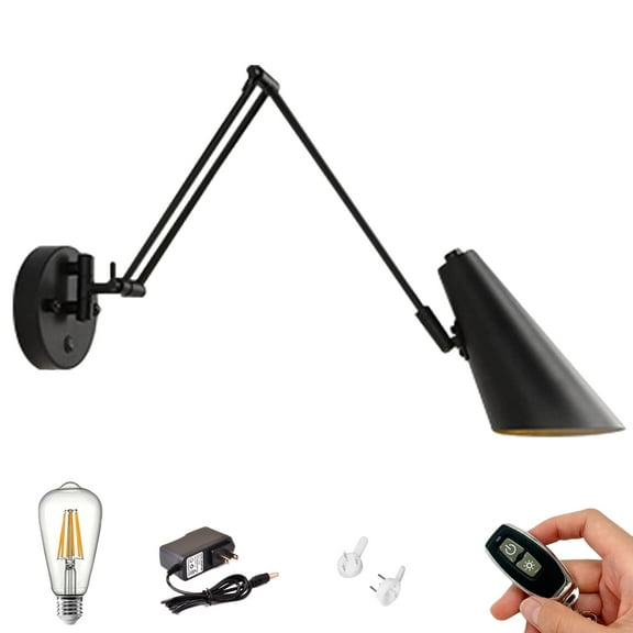 Kiven Battery Operated Iron Swing Arm Wall Lamp, Vintage Black Rechargeable Wall Sconces, E26 Socket Bulb Included(Warm White),1 Light