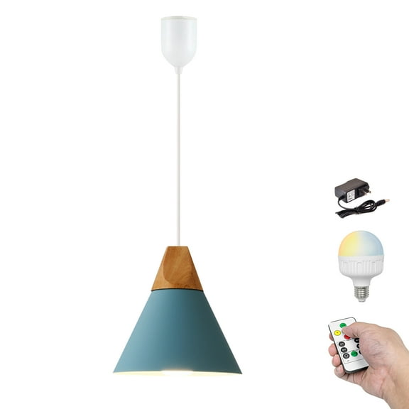 Kiven Battery Operated Modern Pendant Light with Remote, Timer, Dimmable, 1-Light Rechargeable Hanging Pendant Light, Adjustable Height for Corner Decor, Reading,Bedroom, Blue