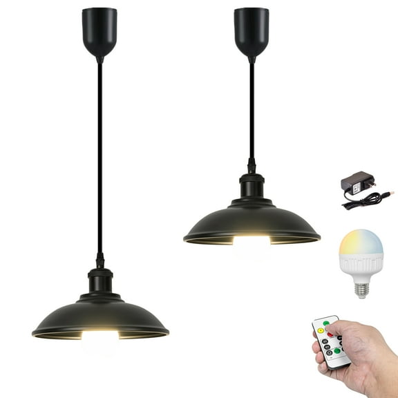 Kiven Battery Operated Pendant Light Adjustable Height,Dimmable Pendant Lighting Fixture with Remote, Rechargeable Hanging Pendant Light(Set of 2)