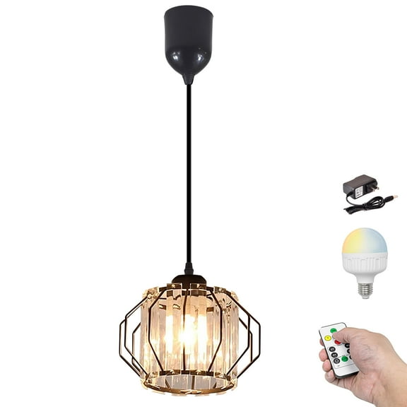 Kiven Battery Operated Pendant Light with Remote,1-Light Rechargeable Hanging Pendant Light Adjustable Height with Crystal Lampshade for Bedroom Kitchen Home Decor Black XDD363