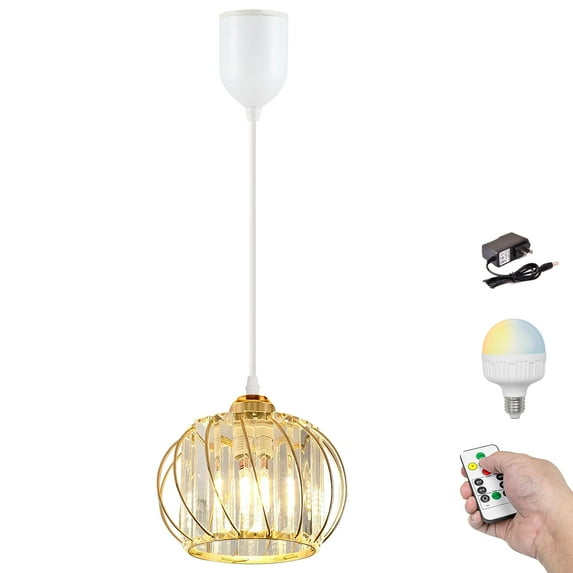 Kiven Battery Operated Pendant Light with Remote,1-Light Rechargeable Hanging Pendant Light Adjustable Height with Crystal Lampshade for Bedroom Kitchen Home Decor Gold TB2983