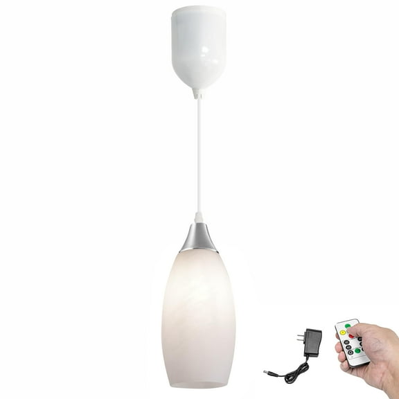 Kiven Battery Operated Pendant Light with Remote Control,1-Light Rechargeable Hanging Pendant Light Adjustable Height with Art Glass Globe for Bedroom Kitchen Bar Living Room TB3232-E