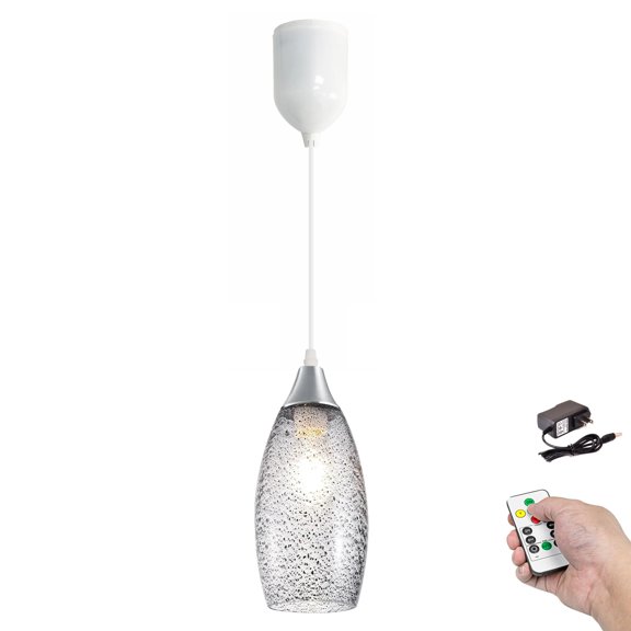 Kiven Battery Operated Pendant Light with Remote Control,1-Light Rechargeable Hanging Pendant Light Adjustable Height with Art Glass Globe for Bedroom Kitchen Bar Living Room TB3232-C