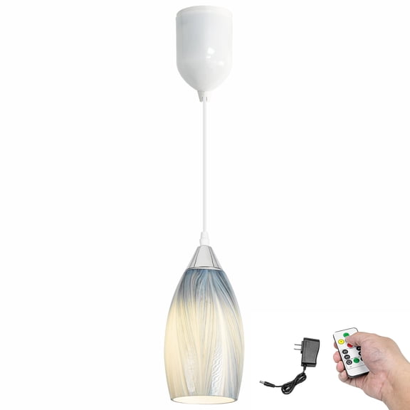 Kiven Battery Operated Pendant Light with Remote Control,1-Light Rechargeable Hanging Pendant Light Adjustable Height with Art Glass Globe for Bedroom Kitchen Bar Living Room TB3232-G