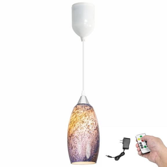 Kiven Battery Operated Pendant Light with Remote Control,1-Light Rechargeable Hanging Pendant Light Adjustable Height with Art Glass Globe for Bedroom Kitchen Bar Living Room TB3232-B
