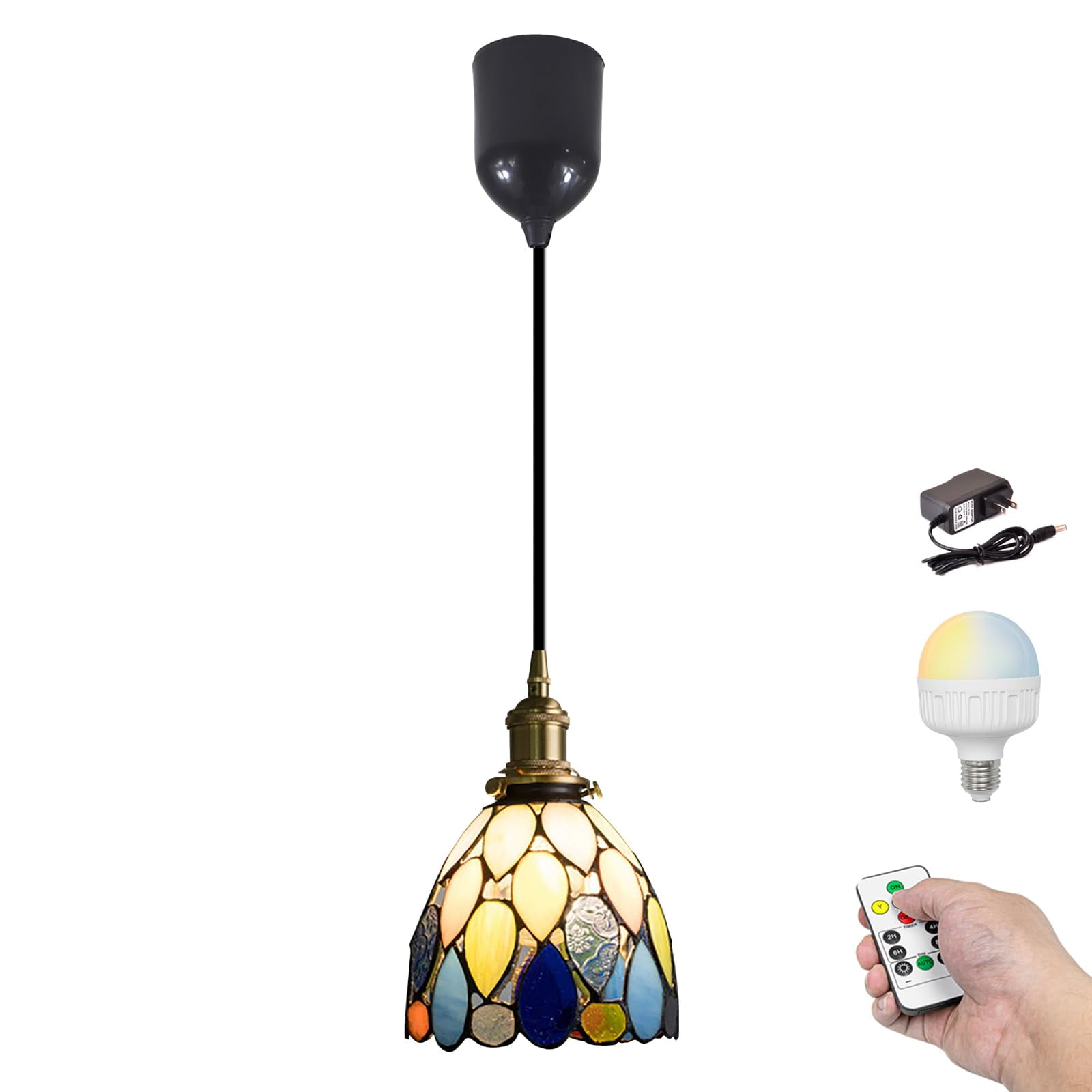 FSLiving Battery Rechargeable Operated Pendant Light With Remote,Tiffany Hanging Light With Lake