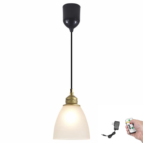 Kiven Battery Operated Pendant Light with Remote Control, 1 Set Rechargeable Hanging Pendant Light Adjustable Height with Frosted Glass Lampshade for Bedroom Kitchen Home Decor TB3508