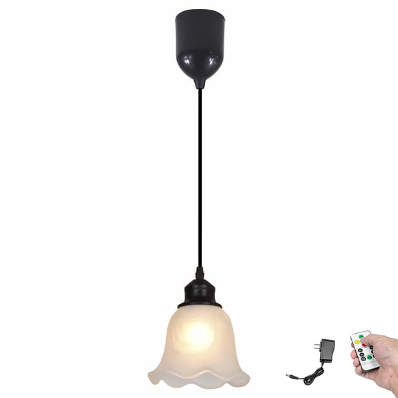 Kiven Battery Operated Pendant Light with Remote Control, 1 Set Rechargeable Hanging Pendant Light Adjustable Height with Frosted Glass Lampshade for Bedroom Kitchen Home Decor TB3506
