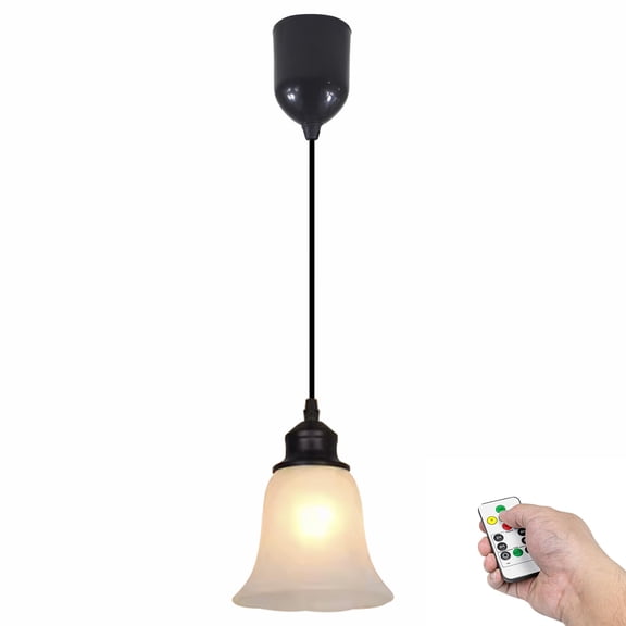 Kiven Battery Operated Pendant Light with Remote Control, 1 Set Rechargeable Hanging Pendant Light Adjustable Height with Frosted Glass Lampshade for Bedroom Kitchen Home Decor TB3502