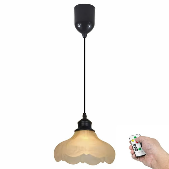 Kiven Battery Operated Pendant Light with Remote Control, 1 Set Rechargeable Hanging Pendant Light Adjustable Height with Frosted Glass Lampshade for Bedroom Kitchen Home Decor TB3504BN