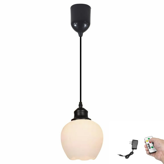 Kiven Battery Operated Pendant Light with Remote Control, 1 Set Rechargeable Hanging Pendant Light Adjustable Height with Frosted Glass Lampshade for Bedroom Kitchen Home Decor TB3505