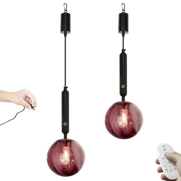 Kiven Battery Operated Pendant Light with Remote Control,3W Rechargeable Hanging Pendant Light Adjustable Height with Glass Lampshade G9 Socket for Kitchen Island Home Decor, Set of 2, TB2571-8