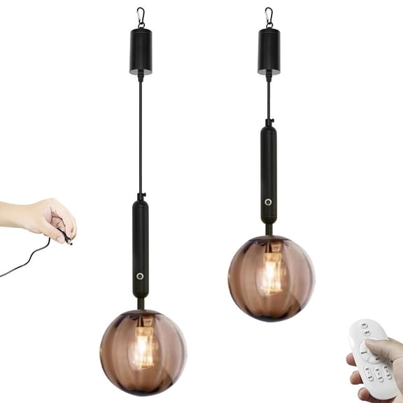Kiven Battery Operated Pendant Light with Remote Control,3W Rechargeable Hanging Pendant Light Adjustable Height with Glass Lampshade G9 Socket for Kitchen Island Home Decor, Set of 2, TB2571-7