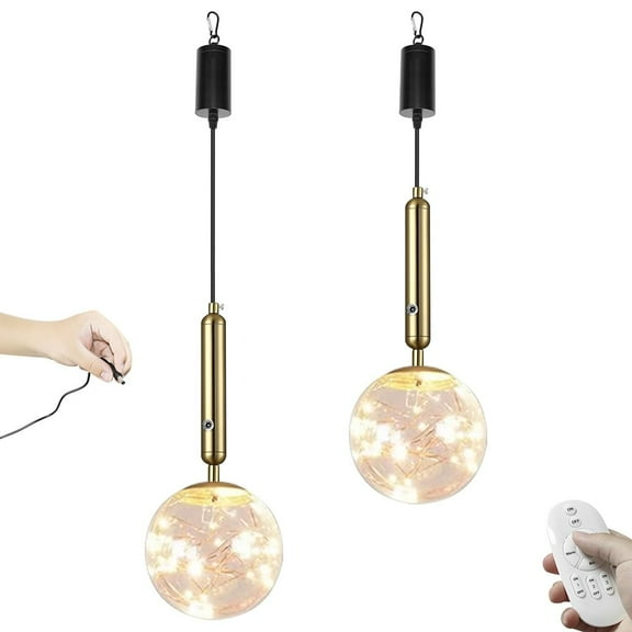 Kiven Battery Operated Pendant Light with Remote Control,3W Rechargeable Hanging Pendant Light Adjustable Height with Glass Lampshade G9 Socket for Kitchen Island Home Decor, Set of 2, TB2571-3