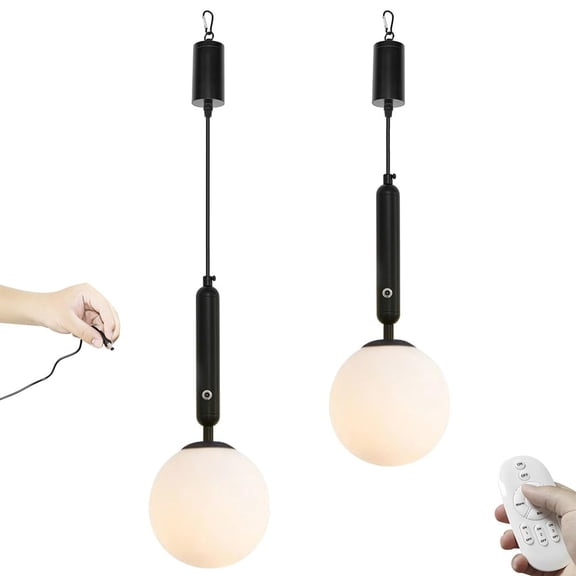 Kiven Battery Operated Pendant Light with Remote Control,3W Rechargeable Hanging Pendant Light Adjustable Height with Glass Lampshade G9 Socket for Kitchen Island Home Decor, Set of 2, TB2571-2