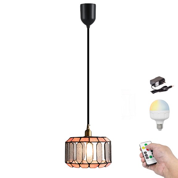 Kiven Battery Operated Pendant Light with Remote Control, Rechargeable Hanging Pendant Light Adjustable Height with Antiqued Glass Lampshade for Kitchen Bedroom Living Room Home Decor(1-Light)