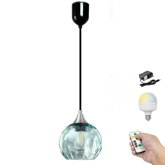 Kiven Battery Operated Pendant Light with Remote Control, Rechargeable Hanging Pendant Light Adjustable Height with Green Glass Globe for Bedroom Kitchen Bar Living Room(1-Light)