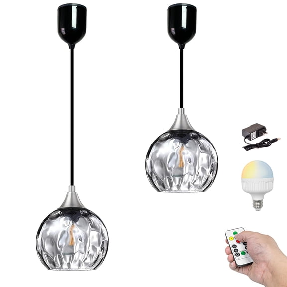 Kiven Battery Operated Pendant Light with Remote Control, Rechargeable Hanging Pendant Light Adjustable Height with Grey Glass Globe for Bedroom Kitchen Bar Living Room(Set of 2)