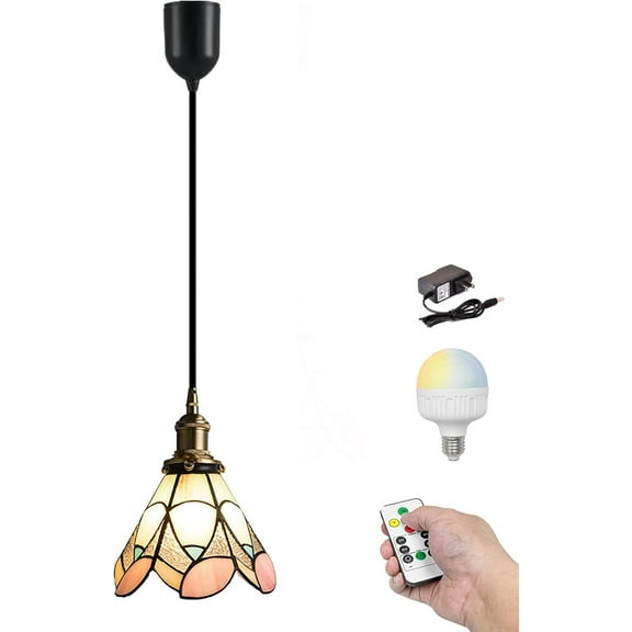 Kiven Battery Operated Pendant Light with Remote Control, Rechargeable Tiffany Hanging Pendant Light Adjustable Height with Stained Glass Lampshade for Bedroom Kitchen Living Room Home Decor(1-Light)