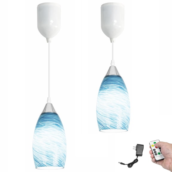 Kiven Battery Operated Pendant Light with Remote Control,Set of 2 Rechargeable Hanging Pendant Light Adjustable Height with Art Glass Globe for Bedroom Kitchen Bar Living Room TB3232-H
